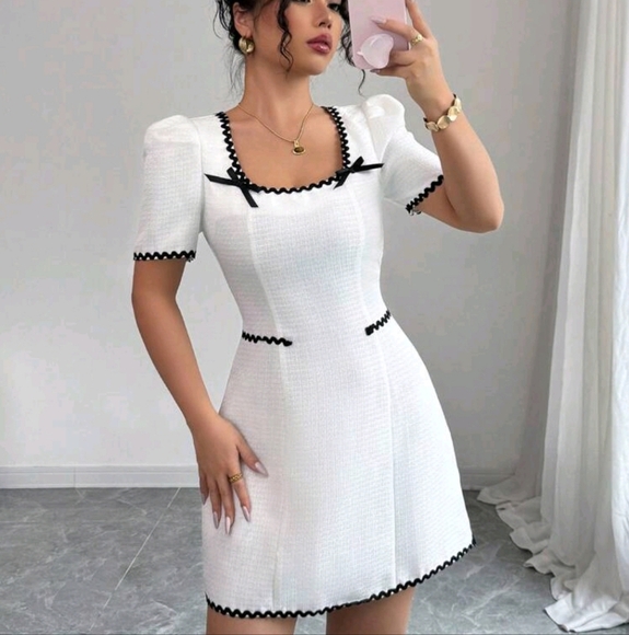 Summer Elegant Colorblock Ribbon Bow Accent Puff Sleeve Dress - Picture 3 of 4